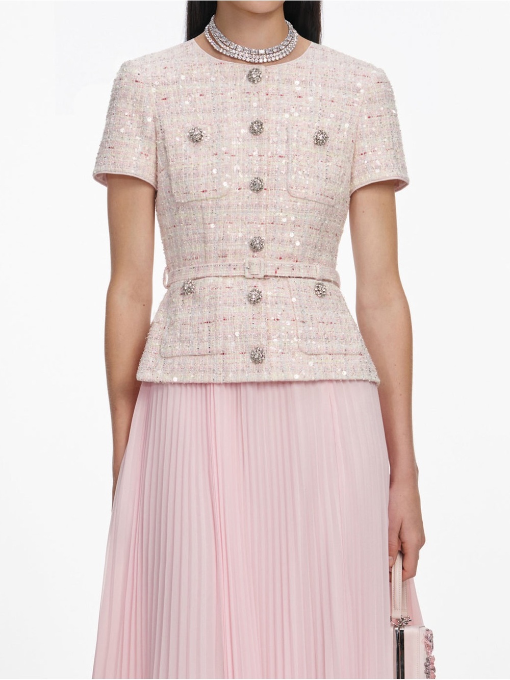 Self-Portrait NWOT PINK SEQUIN BOUCLE TAILORED MIDI DRESS - Picture 6 of 12
